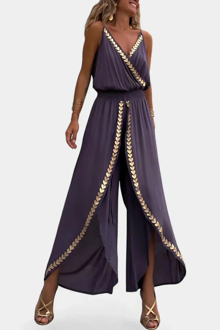 Backless Jumpsuit | Elegant Gold Accents | Perfect for Special Occasions | Comfortable Fit