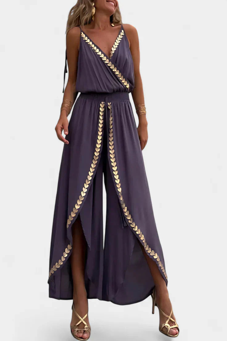 Backless Jumpsuit | Elegant Gold Accents | Perfect for Special Occasions | Comfortable Fit