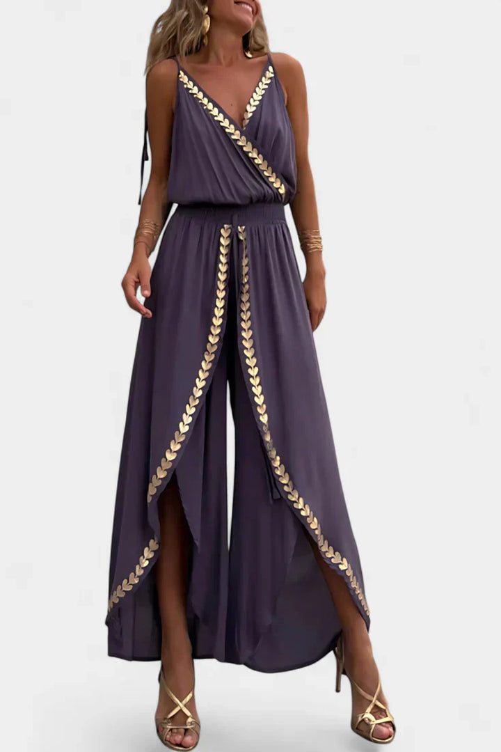 Backless Jumpsuit | Elegant Gold Accents | Perfect for Special Occasions | Comfortable Fit
