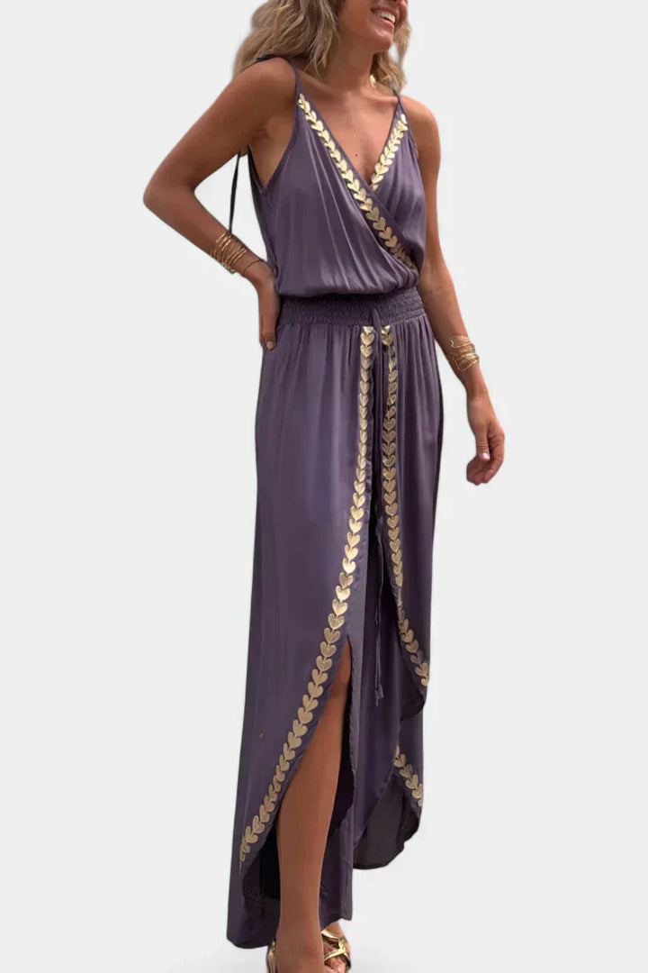 Backless Jumpsuit | Elegant Gold Accents | Perfect for Special Occasions | Comfortable Fit