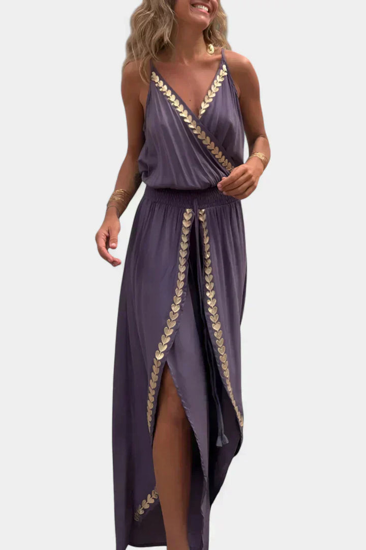 Backless Jumpsuit | Elegant Gold Accents | Perfect for Special Occasions | Comfortable Fit