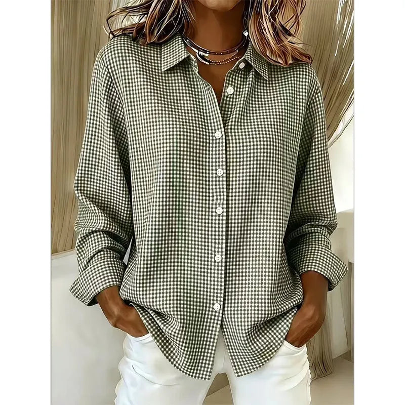 Woman wearing gingham button-front blouse with long sleeves