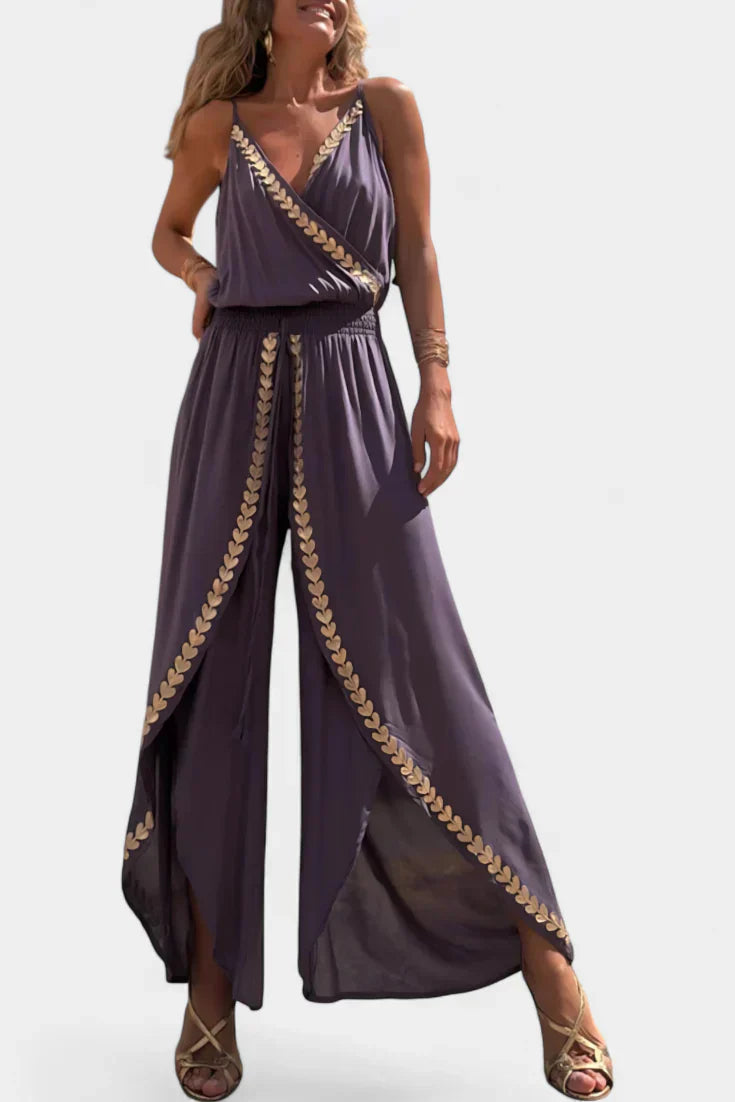 Backless Jumpsuit | Elegant Gold Accents | Perfect for Special Occasions | Comfortable Fit