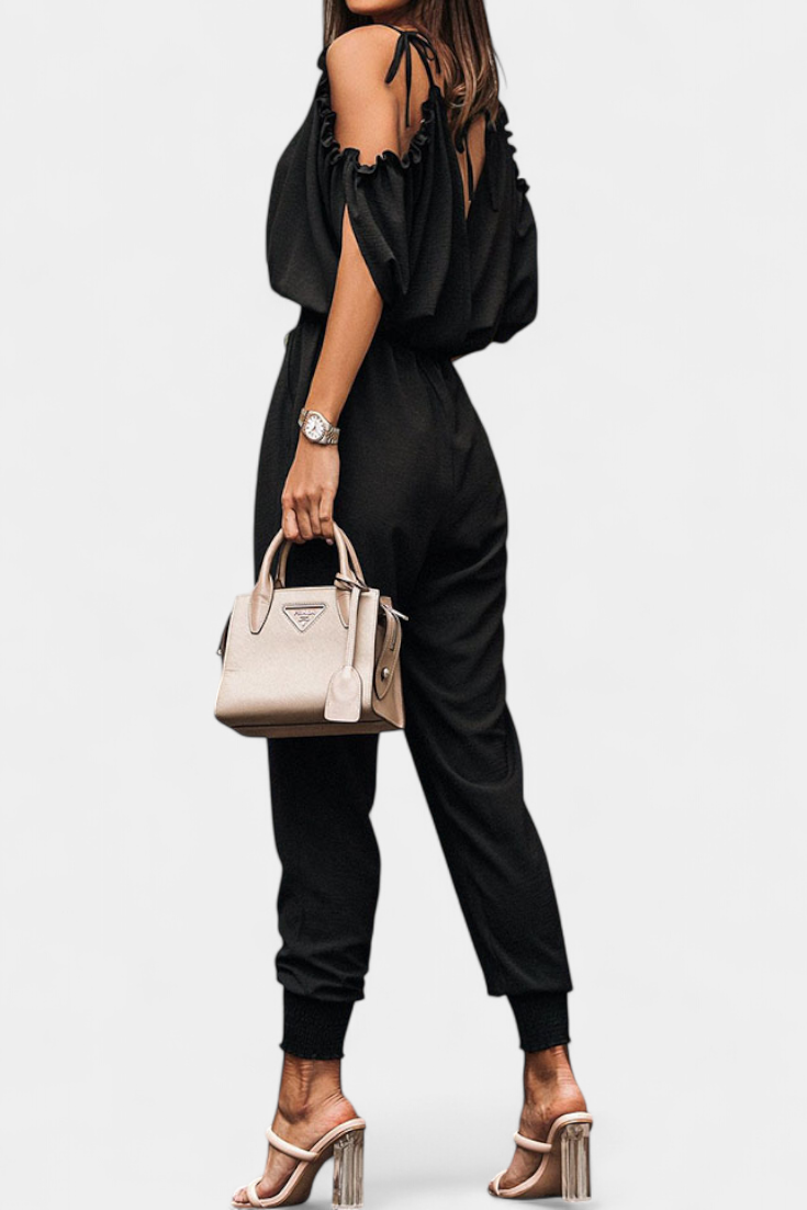 Off-Shoulder Jumpsuit | Crossed V-Neck Design | Chic Knotted Detail | Perfect for Parties and Events