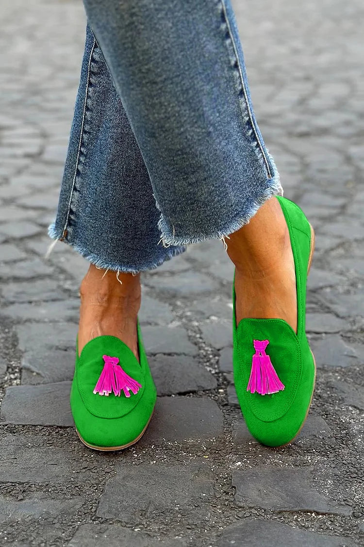 Green Loafers | Fuchsia Tassel Accent | Comfortable Slip-On Design | Versatile Casual Footwear