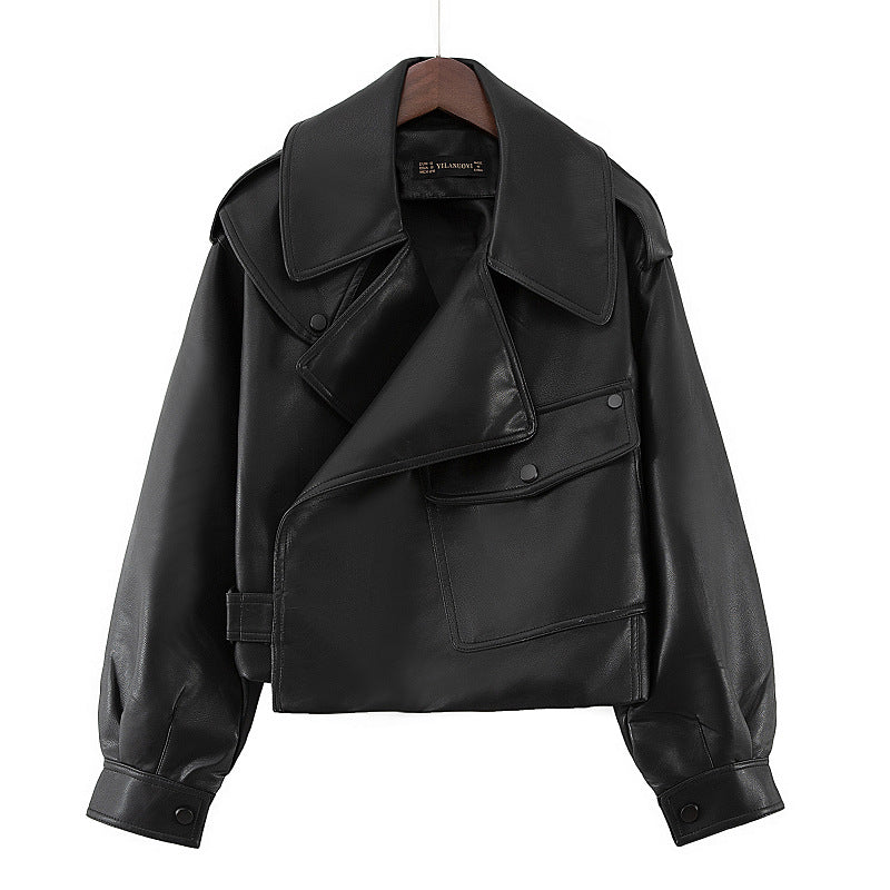 Women's cropped leather motorcycle jacket with zip front