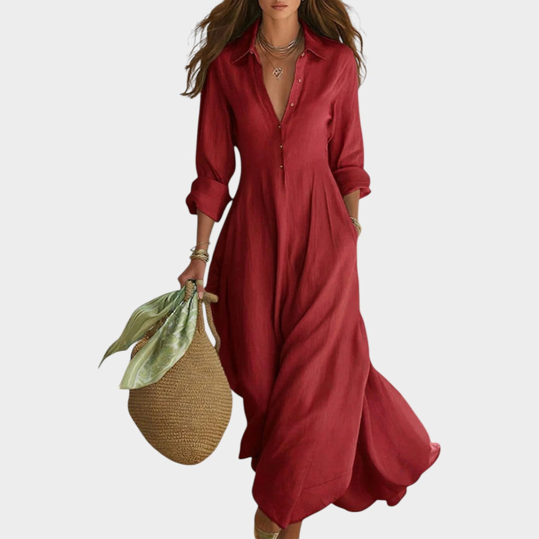 Woman wearing button front maxi dress outdoors