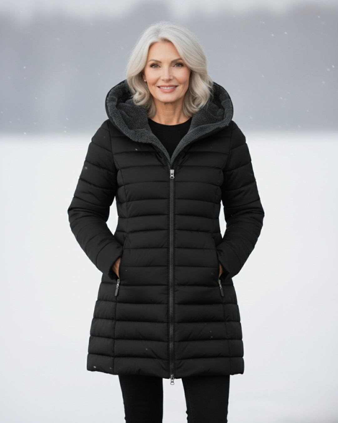 Woman wearing fleece-lined A-line puffer coat