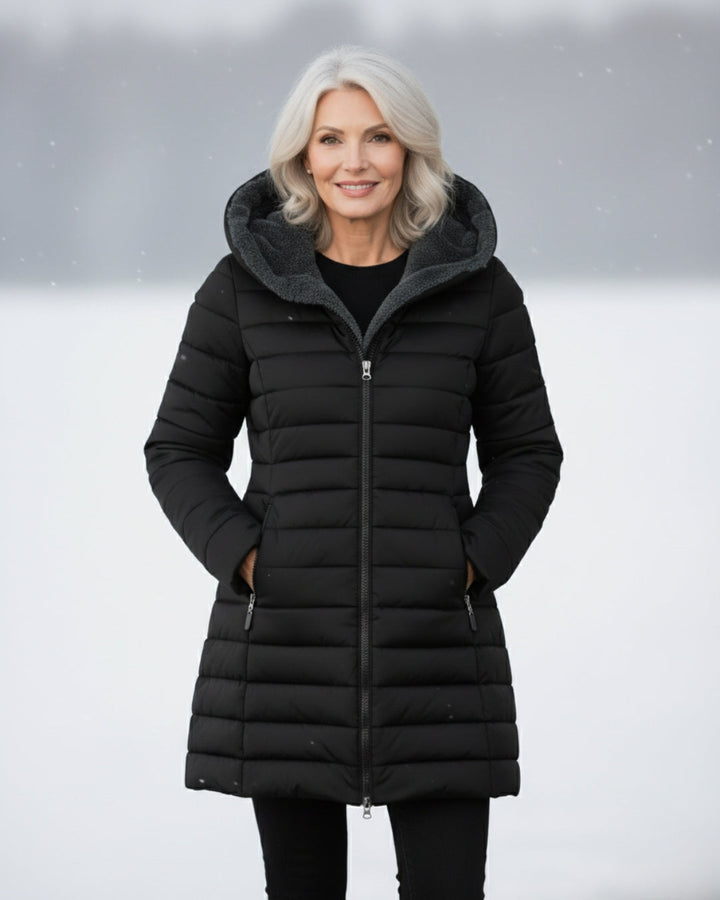 Woman wearing fleece-lined A-line puffer coat