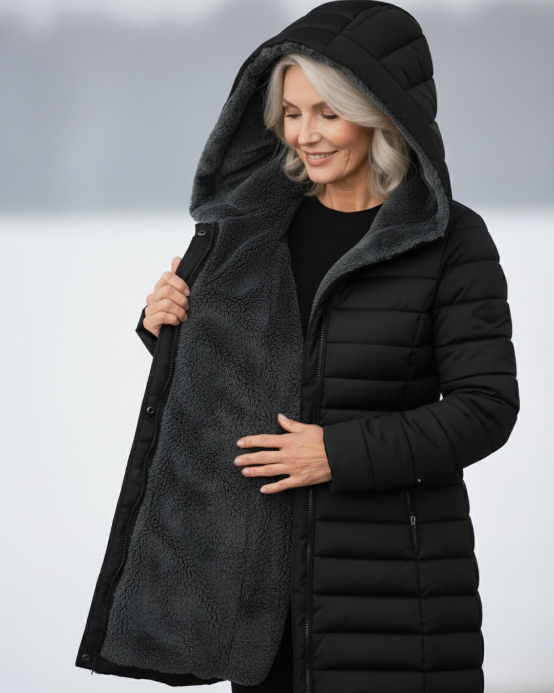 Woman wearing fleece-lined A-line puffer coat