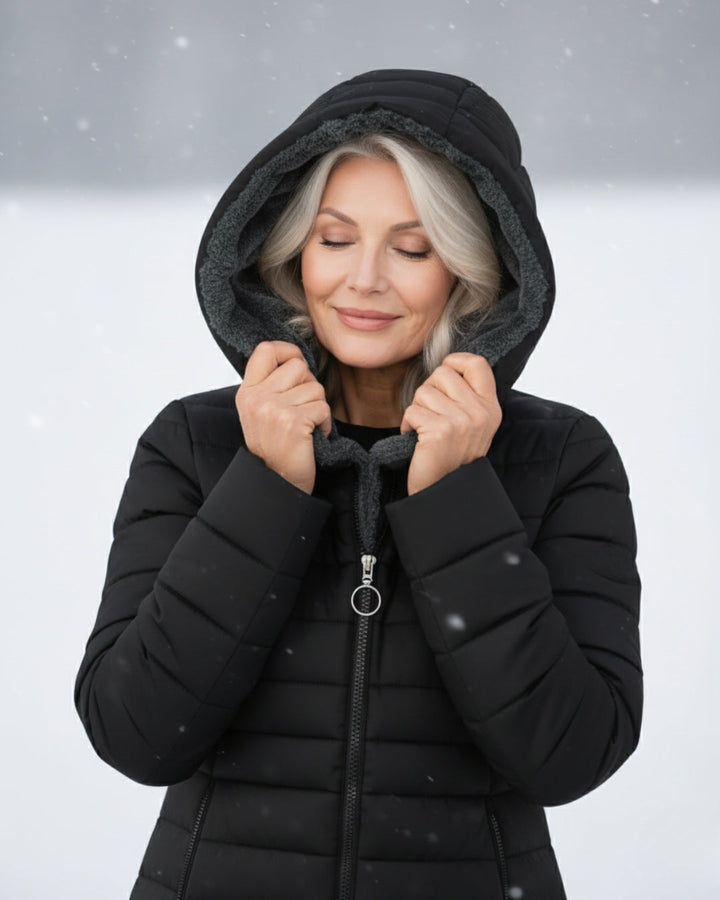 Woman wearing fleece-lined A-line puffer coat