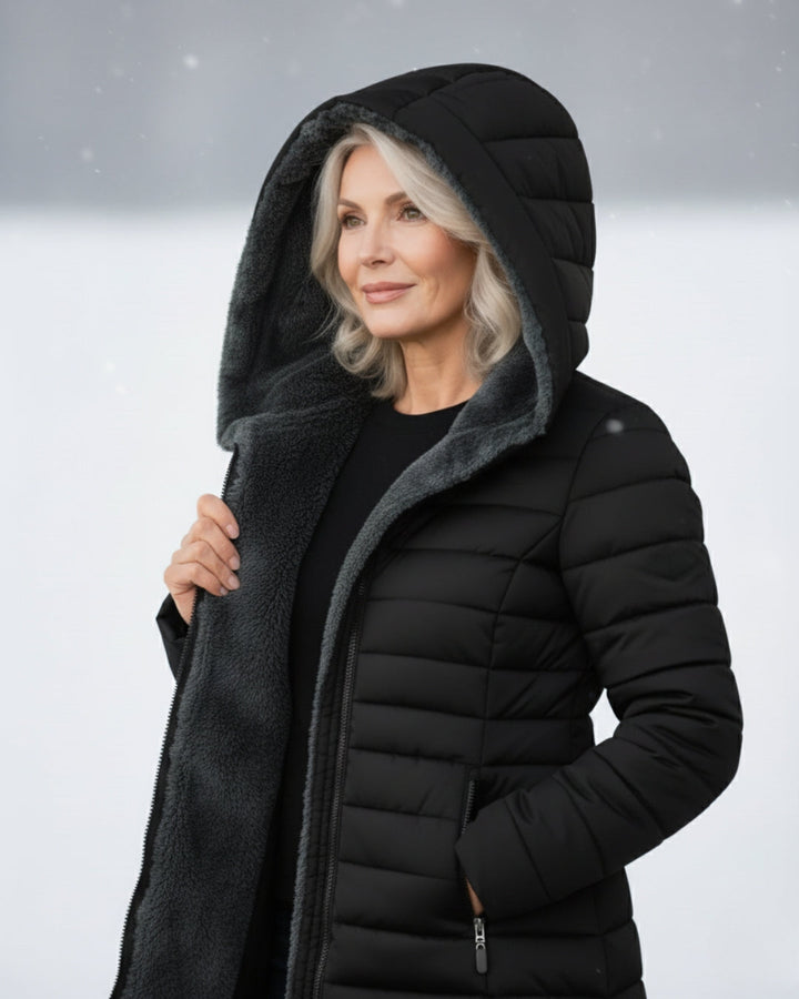 Woman wearing fleece-lined A-line puffer coat
