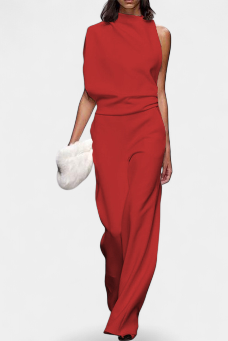 Asymmetrical One-Shoulder Jumpsuit | Flowing Legs Design | Chic and Elegant Look | Perfect for Special Occasions