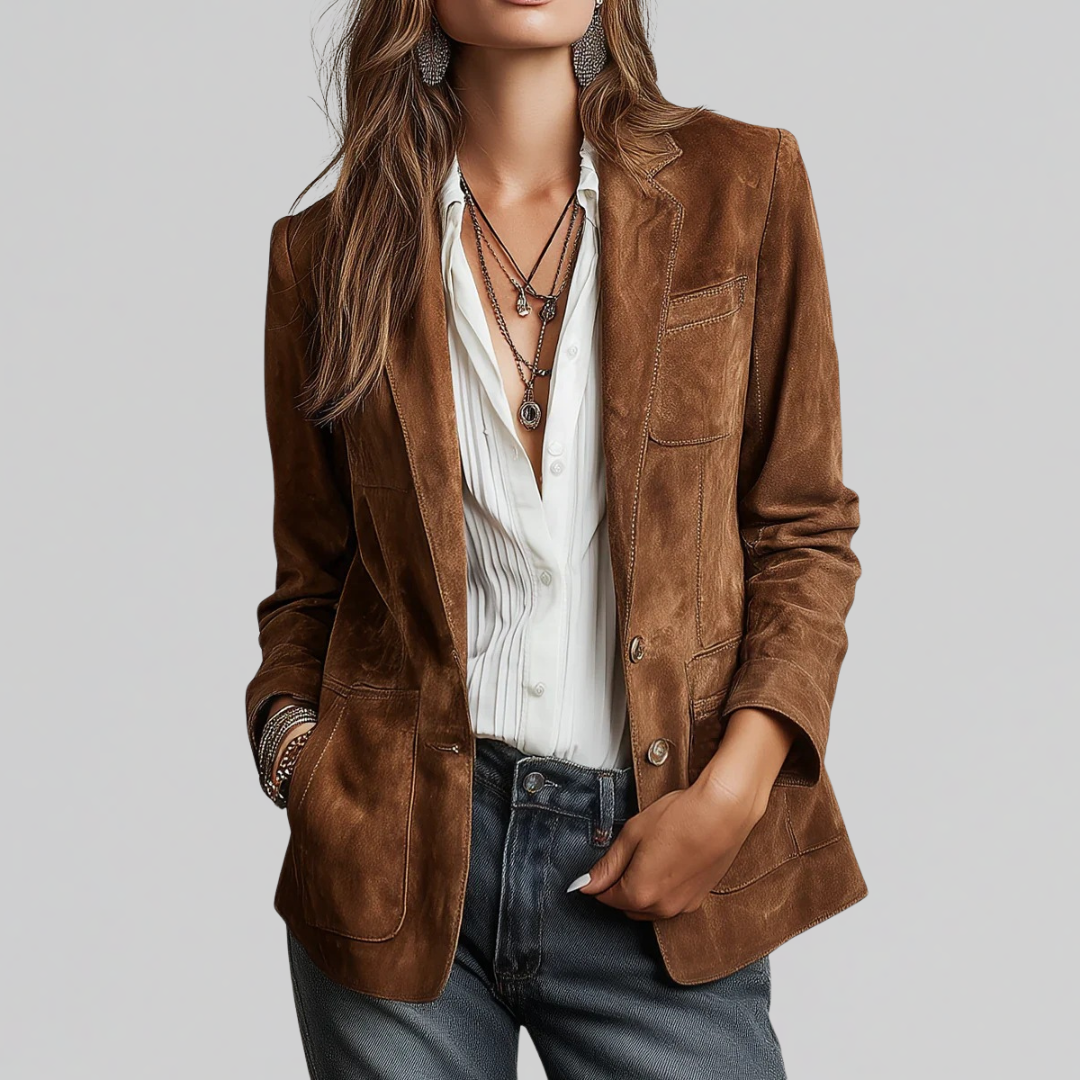 Woman wearing relaxed tailored brown blazer jacket