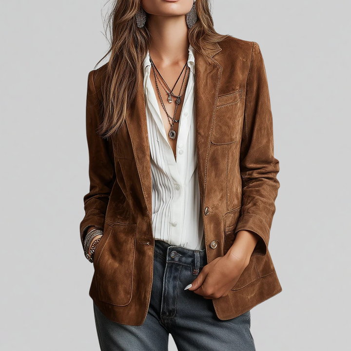 Woman wearing relaxed tailored brown blazer jacket