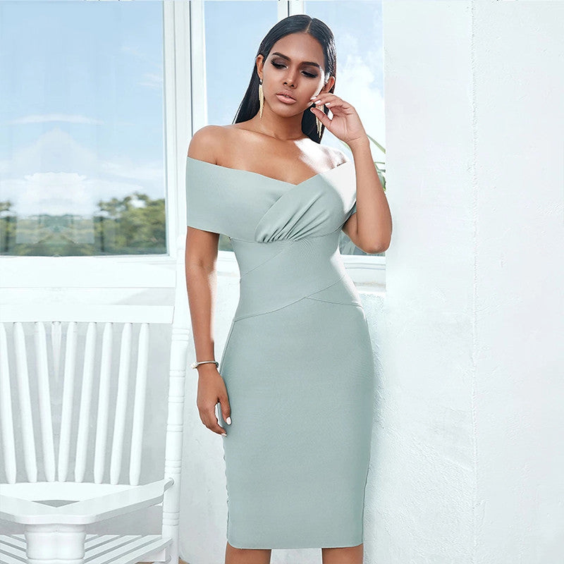 Woman wearing off shoulder bandage dress with V-neck