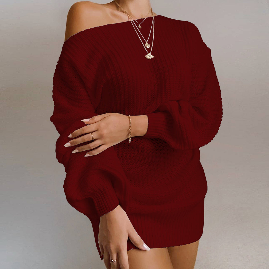 Woman wearing off-shoulder pink knit sweater dress