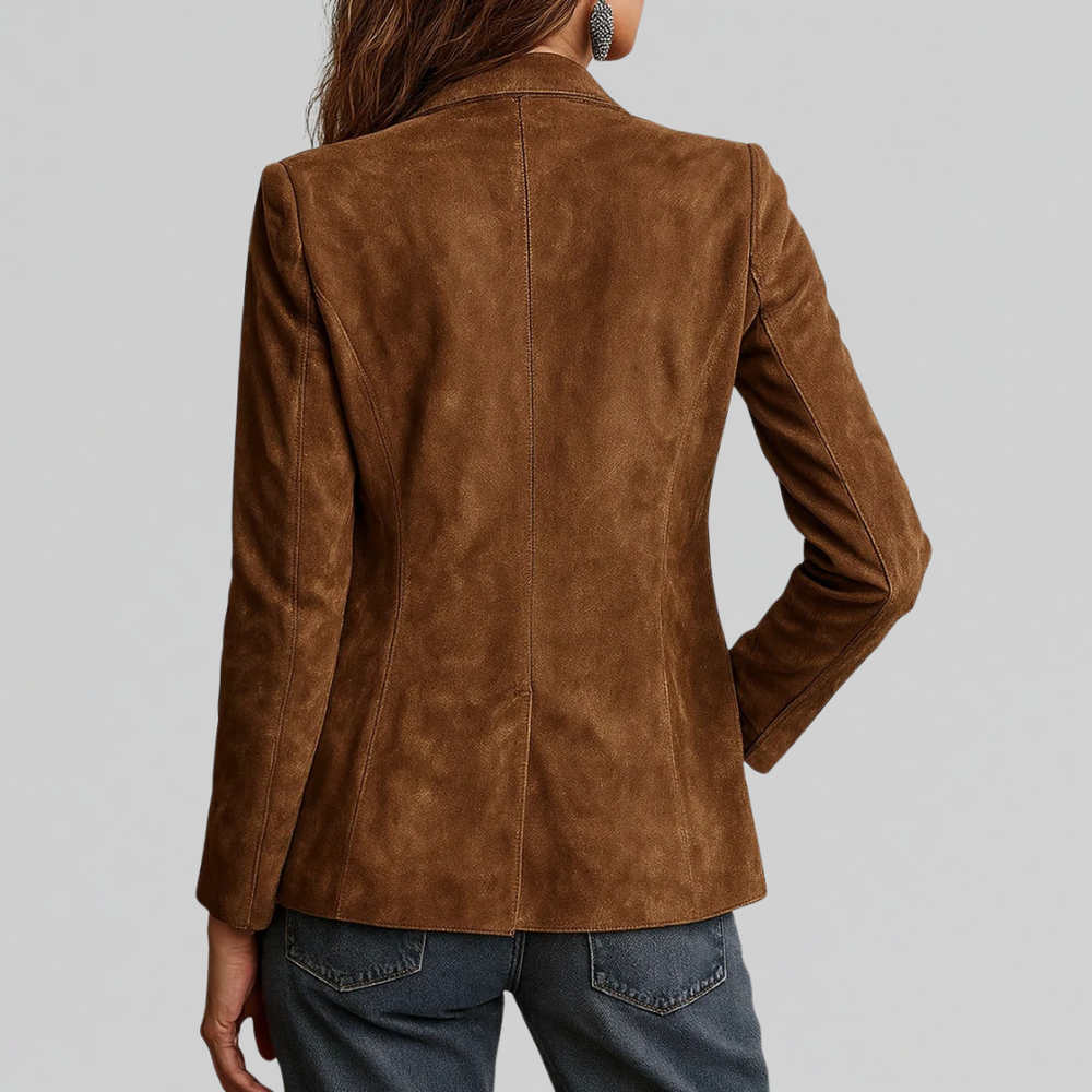 Woman wearing relaxed tailored brown blazer jacket