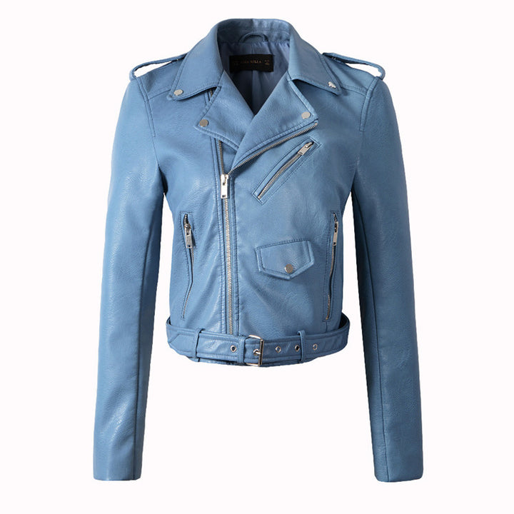 Woman wearing blue faux leather moto jacket with belt
