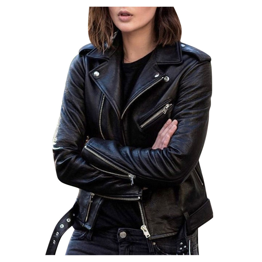 Woman wearing short zip jacket with lapel collar
