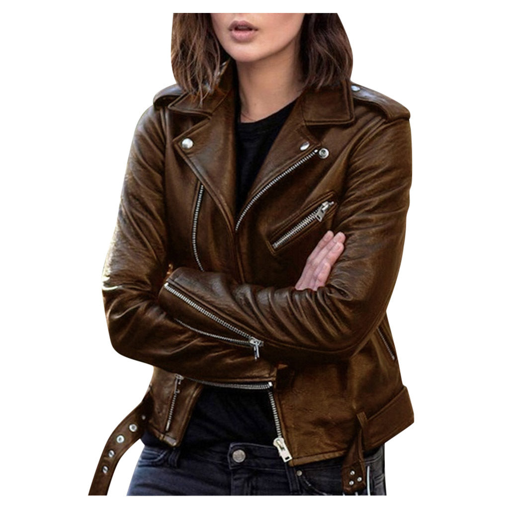 Woman wearing short zip jacket with lapel collar
