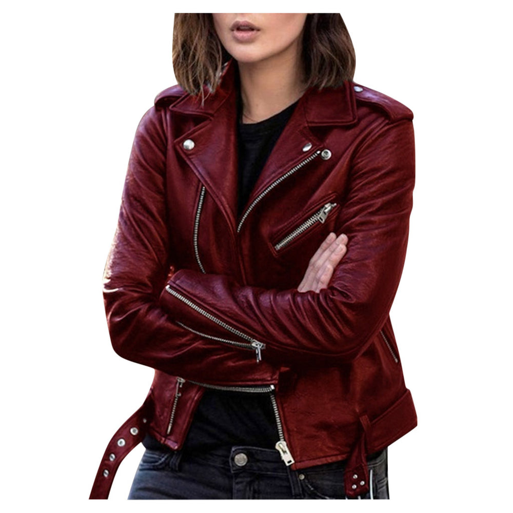 Woman wearing short zip jacket with lapel collar