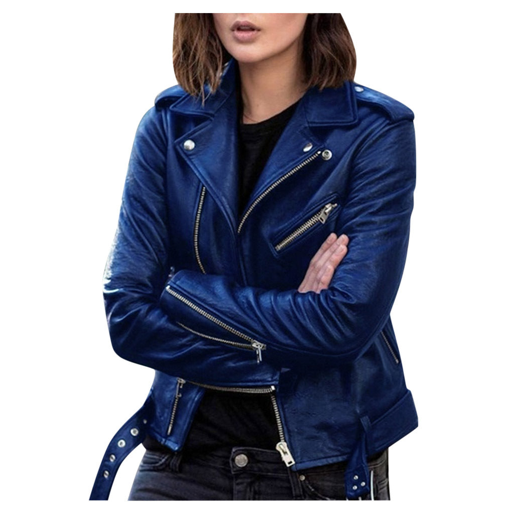 Woman wearing short zip jacket with lapel collar