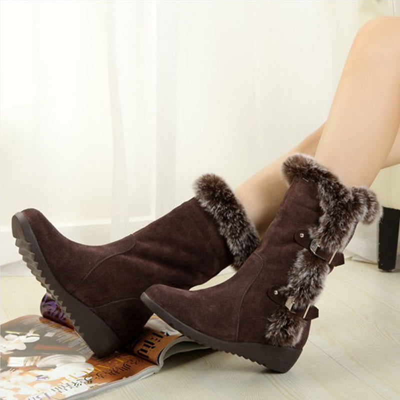 Women's mid-calf plush-lined slip-on snow boots
