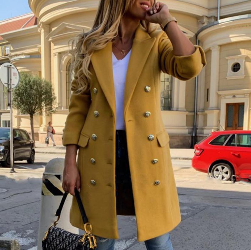 Women's double-breasted mid-length trench coat with notched lapel