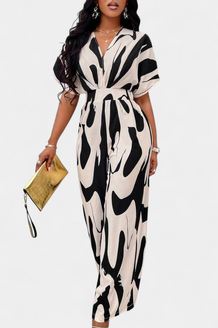 Wide-Leg Jumpsuit | V-Neck Design | Abstract Print | Comfortable and Chic Style