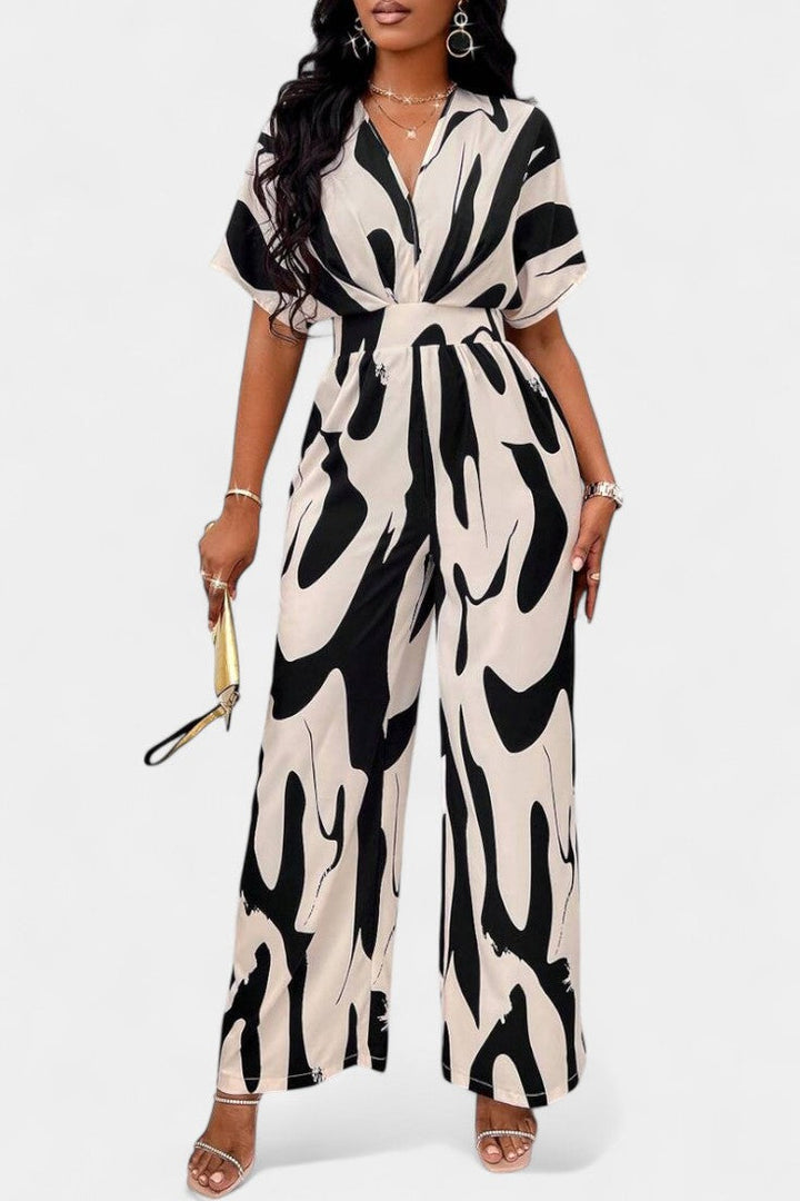 Wide-Leg Jumpsuit | V-Neck Design | Abstract Print | Comfortable and Chic Style