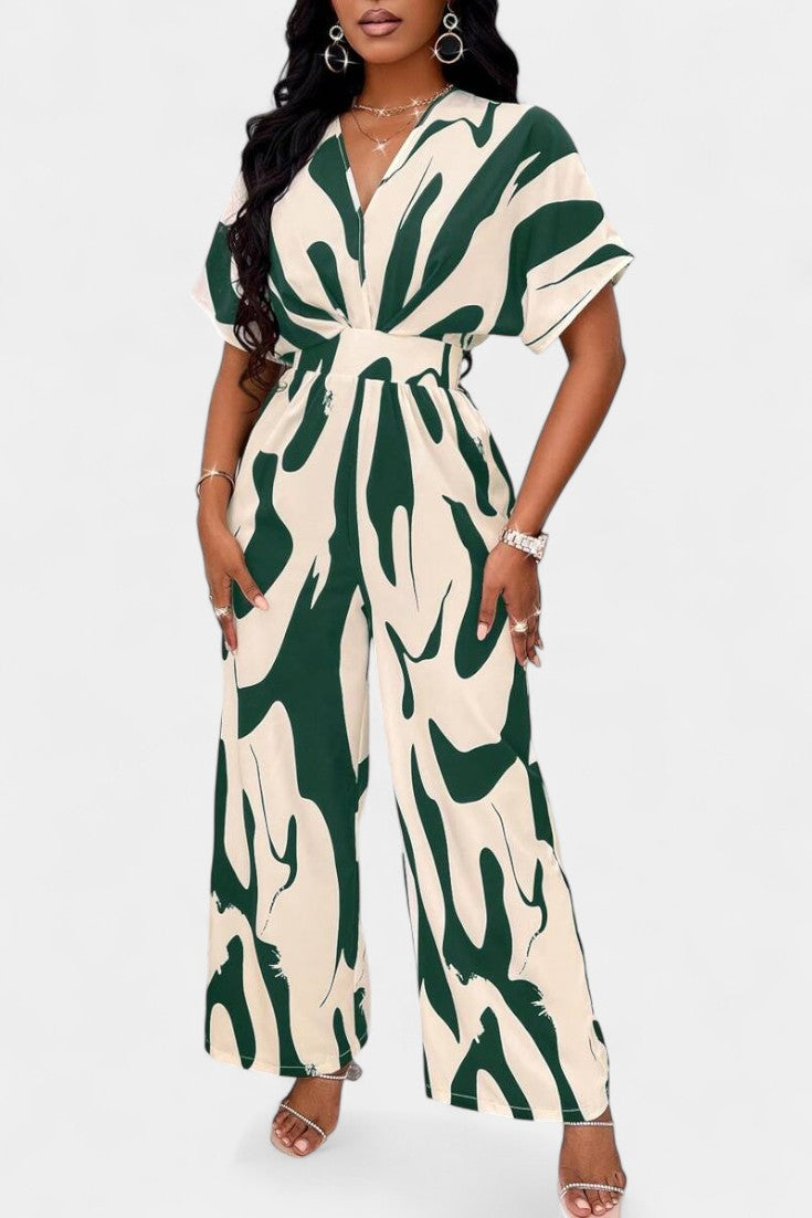 Wide-Leg Jumpsuit | V-Neck Design | Abstract Print | Comfortable and Chic Style