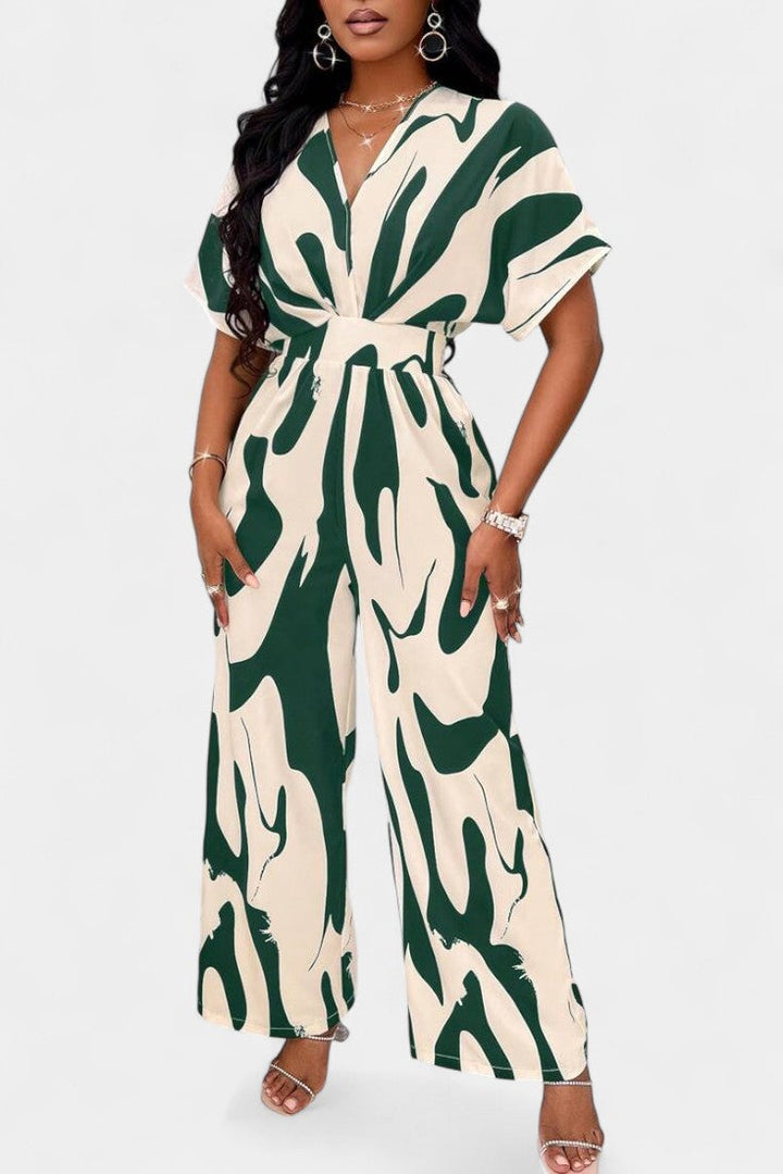 Wide-Leg Jumpsuit | V-Neck Design | Abstract Print | Comfortable and Chic Style