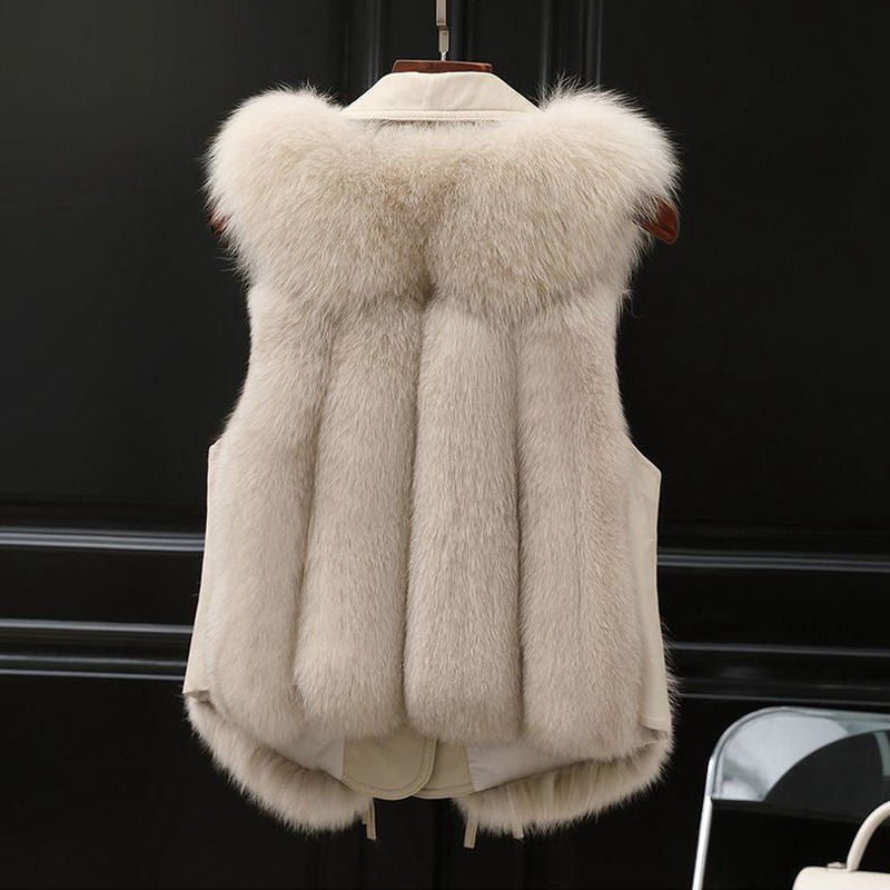 Women's short faux fur coat with patchwork detail