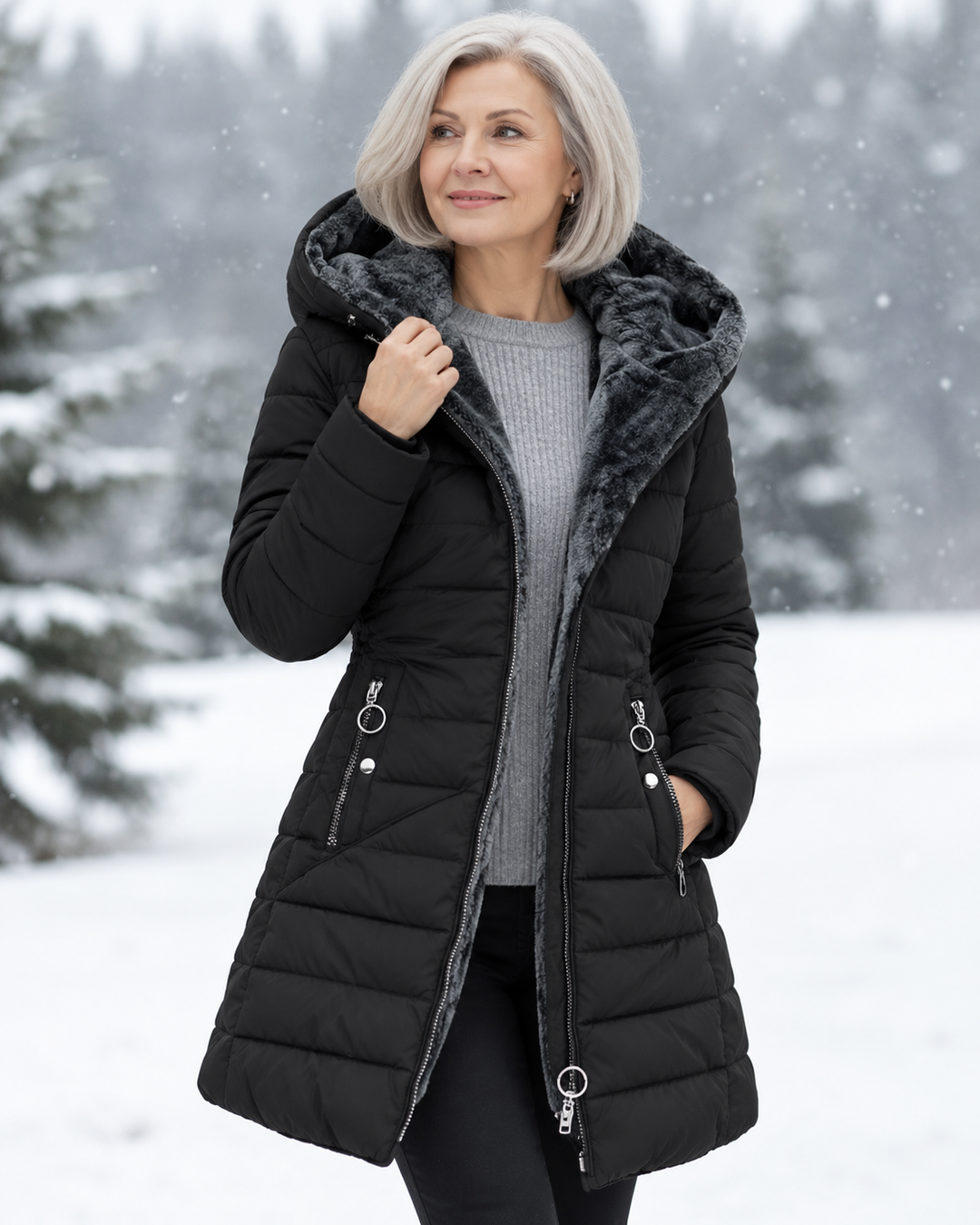 Woman wearing quilted hooded winter coat with A-line fit