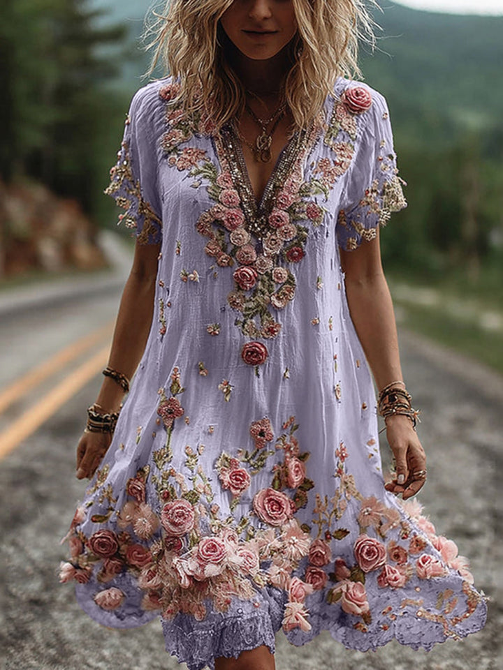 Blossom Embroidered V-Neck Dress | Elegant Floral Design | Perfect for Special Occasions | Soft Cotton Blend