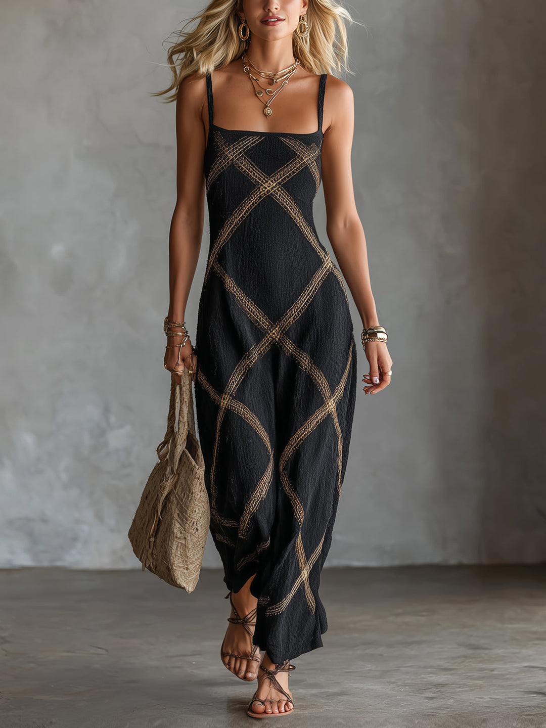 Women's boho dress with geometric print and wide straps