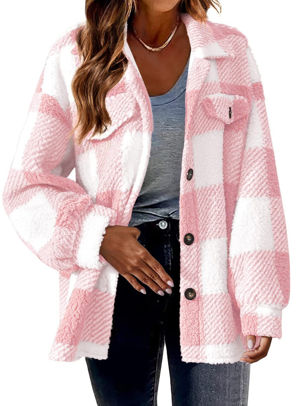 Woman wearing button front loose fleece jacket