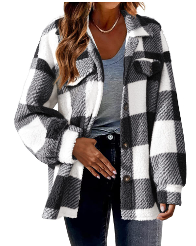 Woman wearing button front loose fleece jacket