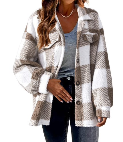 Woman wearing button front loose fleece jacket