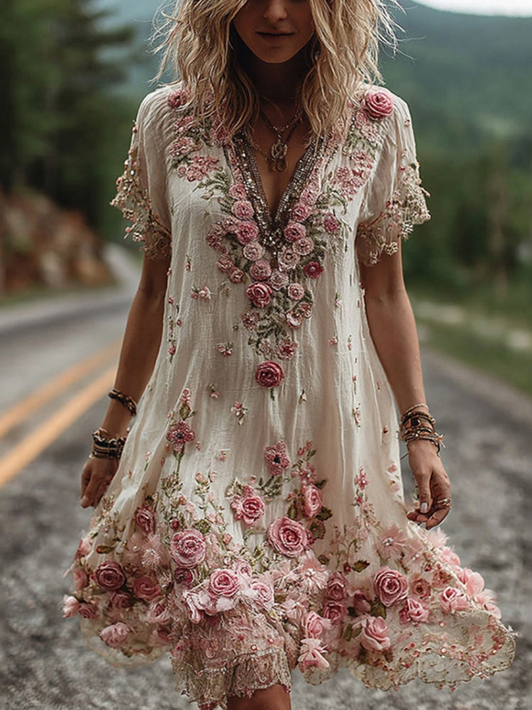 Blossom Embroidered V-Neck Dress | Elegant Floral Design | Perfect for Special Occasions | Soft Cotton Blend