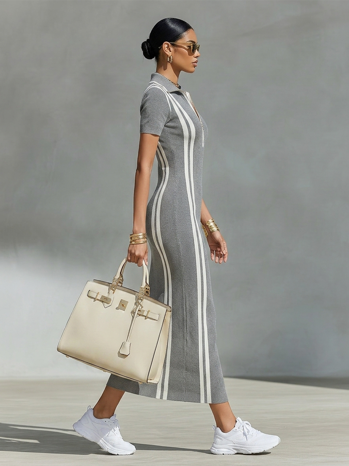 Woman wearing gray knit maxi dress with zip collar
