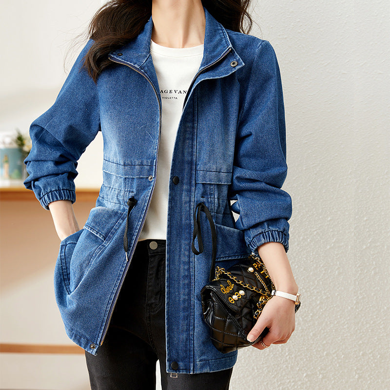 Woman wearing blue denim jacket with drawstring waist