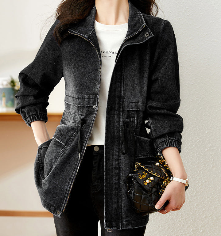 Woman wearing blue denim jacket with drawstring waist
