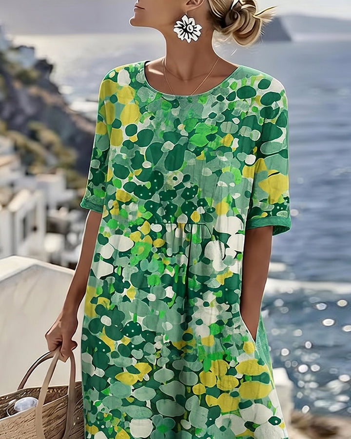 Woman wearing abstract floral print midi dress outdoors