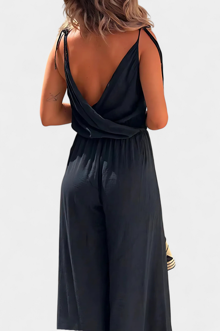Washed Cotton Jumpsuit | Crisscross Neckline | Open-Leg Design | Comfortable and Versatile Fashion Piece
