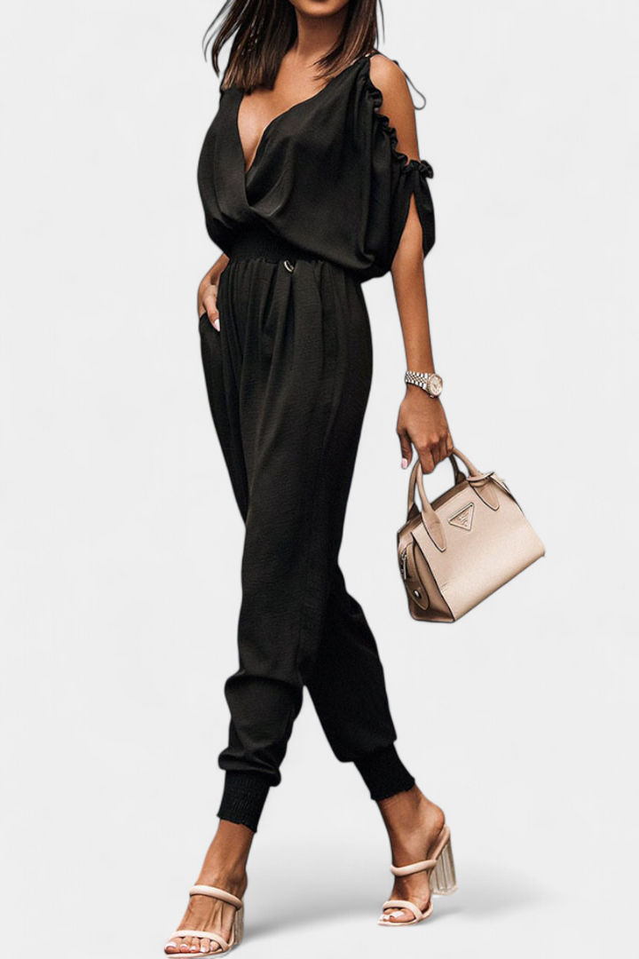 Off-Shoulder Jumpsuit | Crossed V-Neck Design | Chic Knotted Detail | Perfect for Parties and Events