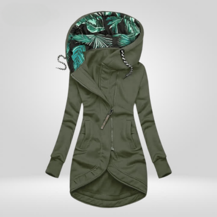 Woman wearing hooded rain coat with slim fit