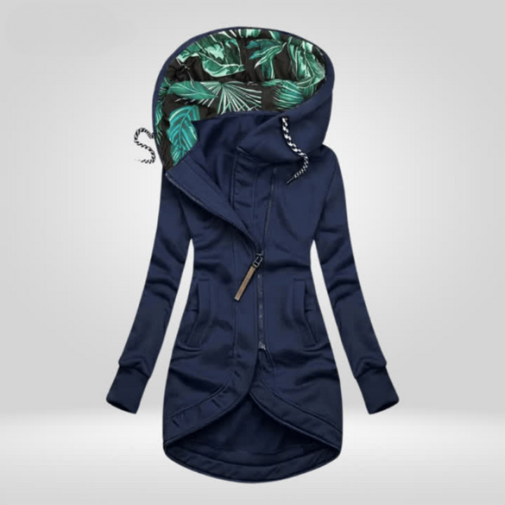 Woman wearing hooded rain coat with slim fit