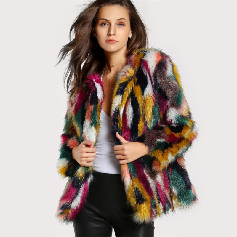 Woman wearing multicolor faux fur coat with long sleeves